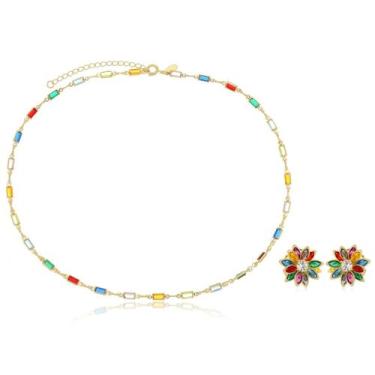 Imagem de Choker e Brinco Flor Colorida Banhado 18k - Érica Santini Semijoias