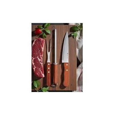 Imagem de Kit Churrasco 3 Peças Faca Garfo Chaira Amolador Inox Cabo Madeira Con