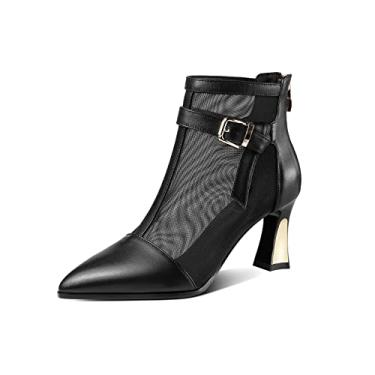 Imagem de TinaCus Botas femininas de malha e couro genuíno feitas à mão com salto carretel e zíper no tornozelo com fivela elegante, Preto, 4.5