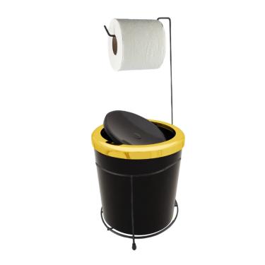 Imagem de Kit Suporte Porta Papel Higiênico Lixeira 5L Cesto Lixo Tampa Basculante Redonda Banheiro Preto Dourado - amz