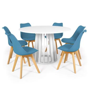 Imagem de Conjunto Mesa de Jantar Redonda Talia Branca 120cm com 6 Cadeiras Eiffel Leda - Turquesa