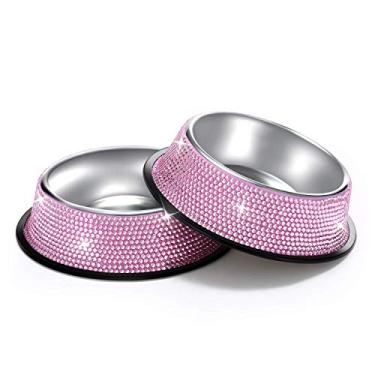 Imagem de Tigelas de cachorro rosa SAVORI Bling Dog, 640ML feitas à mão com strass de aço inoxidável tigelas para animais de estimação alimentador de água de alimentos duplos para cães filhotes - Conjunto de 2