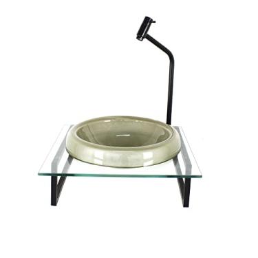 Imagem de GABINETE COM CUBA DE VIDRO CHAPEU 10MM CHAMPANHE COM TAMPO 40CM INCOLOR MAIS TORNEIRA METAL PRETA