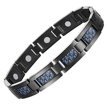Imagem de Feraco Pulseiras magnéticas masculinas, pulseiras magnéticas de aço inoxidável com fibra de carbono azul exclusiva e ímãs poderosos de 3500 gauss, ajustáveis com ferramenta de dimensionamento