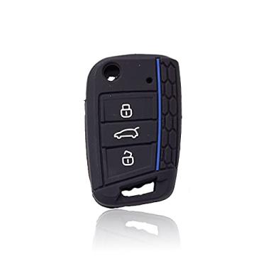 Imagem de YJADHU Capa de silicone para chave de carro 3 botões flip dobrável capa para chave remota, apto para assento Skoda, linha preta azul