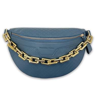 Imagem de Pochete feminina de corrente grossa, bolsa de cintura de couro xadrez, bolsas transversais de ombro, bolsas de mão de designer de luxo, bolsa feminina com cinto, Azul, Small, Clássico