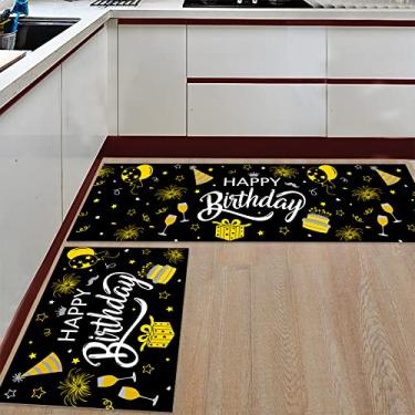 Imagem de Tapete de cozinha corredor, decoração de festa de aniversário feliz presente estrela dourado preto antiderrapante tapete de corredor tapete de porta tapete para lavanderia quarto banheiro conjunto de 2