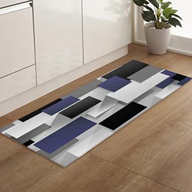 Imagem de Tapete de corredor de cozinha, arte abstrata 3D azul marinho preto cinza bloco antiderrapante tapete corredor tapetes de porta tapete para lavanderia cabeceira banheiro quarto 40 x 160 cm