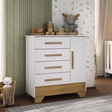 Imagem de Cômoda Infantil 1 Porta e 4 Gavetas Tic Tac Branco Fosco/Marrom