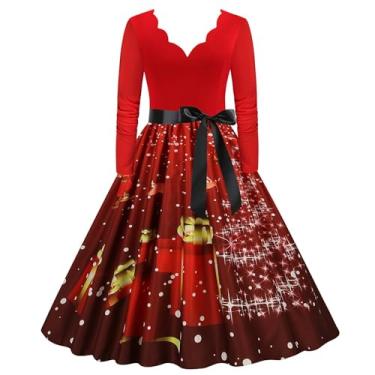 Imagem de Vestido feminino de Natal com decote em V, manga comprida, bainha irregular, vestido de verão com cinto mais vendido, Vinho, G