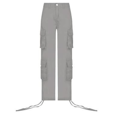 Imagem de Calças de moda feminina multi bolso calças de carga calças casuais com bolsos solto ajuste botão para baixo calças perna larga calças de cintura alta (Cinza,G)