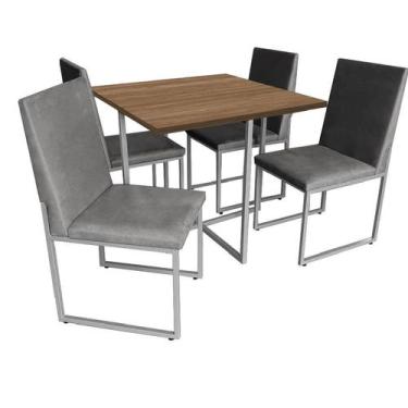 Imagem de Kit Mesa De Jantar Thales Com 4 Cadeiras Sttan Ferro Cinza Tampo Carva