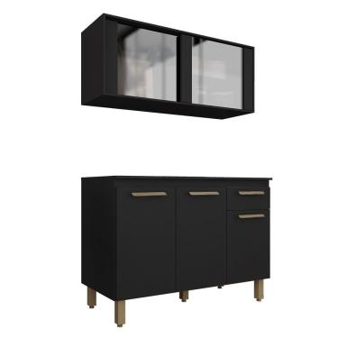 Imagem de Cozinha Modulada Com Vidro 2 Peças Tieli Preto - Móveis Arapongas