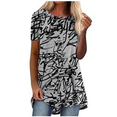 Imagem de Camiseta grande para mulheres com gola redonda e manga curta, túnica Equipe Padrão Praia Camiseta gráfica Tops de verão Tripulação de gola feminina feminina de Grafite K92-Branco XX-Large