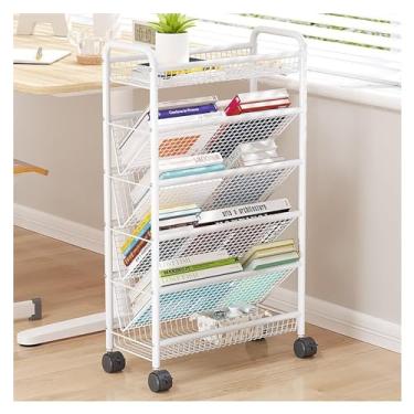 Imagem de Carrinho de livros com rodinhas, estante móvel com rodas, carrinho organizador de armazenamento de mesa compacto, estantes de metal de chão/prateleira de canto, porta-revistas para espaços estreitos