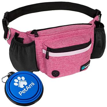 Imagem de PetAmi Pochete para cães, bolsa de petiscos para passear com cães, treinamento, dispensador de saco de cocô embutido, suporte para garrafa de água, tigela dobrável, cinto de cintura para animais de estimação para caminhadas, corrida, alimentos (rosa)