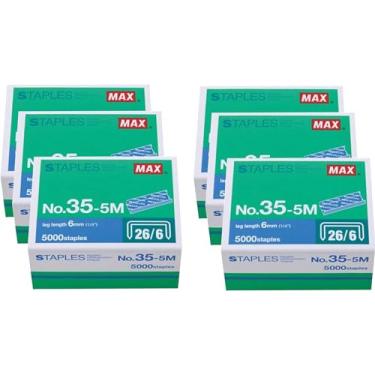 Imagem de Grampos padrão Max 35-5M para uso com máximo HD-88, HD-50, Hd-50R, HD-50F e outros grampeadores padrão; 6 mm (1/4) Comprimento da perna; 100 grampos por palito; 1 caixa de 5000 grampos, 6 Pack (30000 Staples)