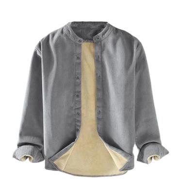 Imagem de Camisa de inverno masculina manga longa casual gola alta lisa lã grossa veludo cotelê simples tops quentes, Cinza, P