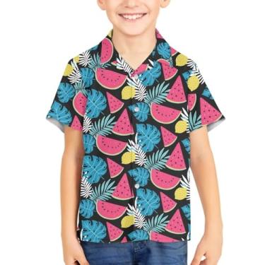 Imagem de Camisetas havaianas com botões de botão para verão unissex infantil manga curta camisa social 3-16 anos Tropical Aloha Shirts, Melancia, limão, 15-16 Years