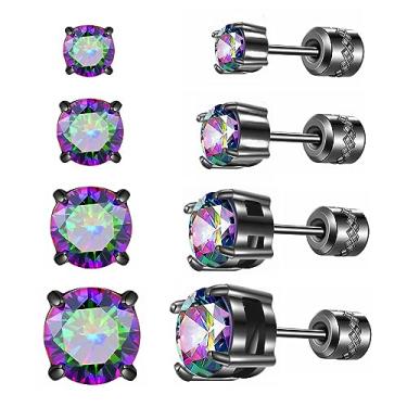 Imagem de ZQGOFPT 4 pares de brincos de titânio inoxidável para mulheres e homens, conjuntos de brincos de parafuso traseiro de aço cirúrgico preto multipacote, arco-íris 5A zircônia cúbica cristal brincos de sono de dupla face piercing cartilagem joias, Titânio, Zircônia cúbica