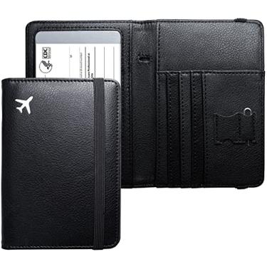 Imagem de Mymazn Combo porta-cartão de passaporte e vacina, carteira de viagem com porta-cartão de vacinação, capa para passaporte com bloqueio RFID, Preto, Minimalista