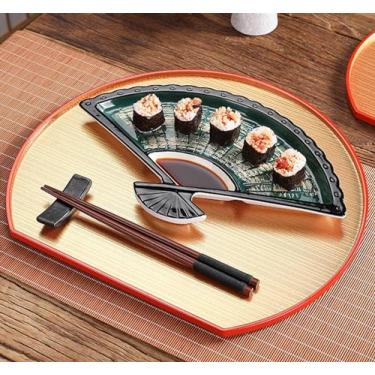 Imagem de DDMDBYHRY Prato de porcelana em forma de leque, bandeja grande de servir sushi estilo japonês, prato de sushi de cerâmica, materiais seguros para alimentos, pode ir ao