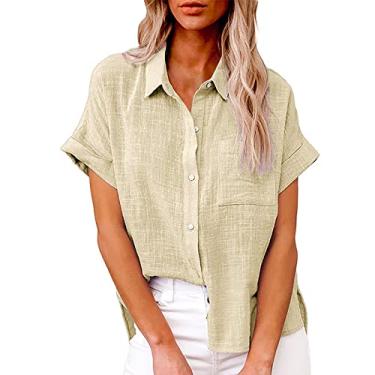 Imagem de Camiseta feminina de linho de manga curta com bolso, gola V, botões, cor sólida, caimento solto, túnica de verão, Bege, 3G