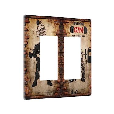 Imagem de Powergym Placas de parede duplas para academia halterofilista masculina 2 entradas capa decorativa para interruptor de luz homem musculoso GFCI placa elétrica tijolo haltere Dimmer decoração para quarto, quarto infantil banheiro