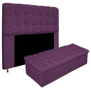 Imagem de Kit Cabeceira Estofada Mel Cama Box King 195 cm mais Calçadeira Baú Mel com Capitonê Suede Roxo para Quarto - AM Decor