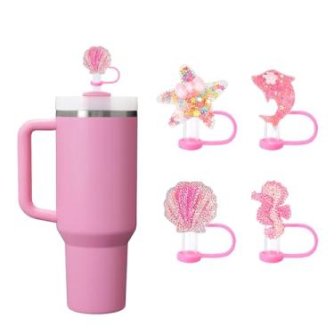 Imagem de 4 capas de palha para copo Stanley Cup de 850 g / 1,134 g linda vieira em concha rosa doce silicone canudo protetores, acessórios de copo Stanley 10 mm para meninas e mulheres