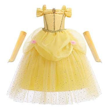 Imagem de REXREII Fantasia de Carnaval Bela e a Fera da Princesa Bela para meninas, Halloween, Natal, festa, aniversário, baile, vestido de baile com mangas para os braços 8-9T