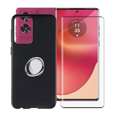 Imagem de YQINHHME Capa preta para Motorola Edge 50 Fusion (6,7 polegadas) com 1 x vidro temperado + suporte de anel de metal para celular de 360°, capa fina de silicone macio de grau militar TPU à prova de