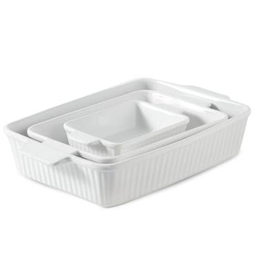 Imagem de Hasense Caçarola retangular para forno, assadeira de cerâmica, conjunto de 3 formas de lasanha com alça, pode ir ao micro-ondas e lava-louças, presente de casamento para o Dia das Mães, branco (38