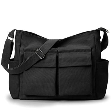 Imagem de KALIDI Bolsa carteiro de lona, bolsa tiracolo grande para mulheres ou homens, bolsa de ombro casual de lona para trabalho universitário diário, Preto