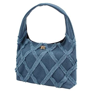 Imagem de Bolsa de ombro feminina de lona jeans moderna acolchoada com borla envelhecida, A - azul