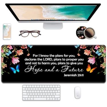 Imagem de Tapete de mesa para jogos com porta-copos, 80 x 30 cm, tapete de mouse grande, decoração de mesa, base de borracha antiderrapante, bordas costuradas para trabalho, jogos, escritório, casa, versículo