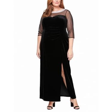 Imagem de Alex Evenings Vestido feminino plus size longo de veludo para mãe da noiva com mangas 3/4 ilusão e franzido lateral, Veludo preto, 52
