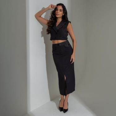 Imagem de Conjunto cropped e saia alfaiataria  - Susie Modas, P, Preto