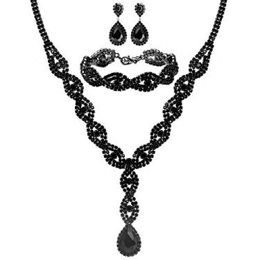 Imagem de Miraculous Garden Conjunto de 3 peças/conjunto de joias de fantasia de casamento brilhantes strass cristal lágrima colar pulseira brincos pendentes conjuntos de joias para mulheres meninas, Metal,