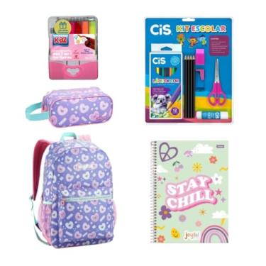 Imagem de Kit Material Escolar Aluno 24 Itens com Mochila Estojo Lilás Combinando Feminino Lápis Tesoura CIS
