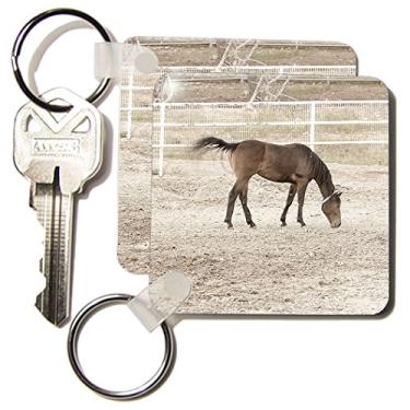 Imagem de 3dRose Cavalo marrom com crina preta e cauda com sua cabeça para o chão e cauda soprando no vento - chaveiros, 5,7 x 5,7 cm, conjunto de 2 (kc_49686_1)