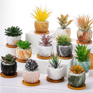 Imagem de Ziliny Vaso de flores de cerâmica marmorizado, 8,5 cm, vasos de suculentas, pequenos vasos de plantas, cacto, de cerâmica, vasos de flores, ervas, vaso com orifício de drenagem, recipiente redondo