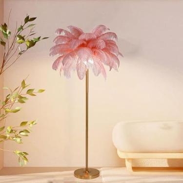 Imagem de Lâmpada de leitura de chão, luminária de chão moderna de penas de avestruz de luxo com abajur de penas, proteção para os olhos, lâmpada de canto alta regulável para escritório, sala de estudo