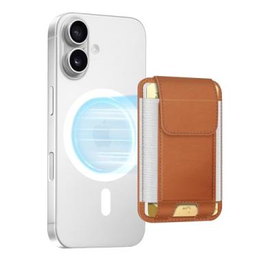 Imagem de FINPAC Carteira magnética, suporte magnético para iPhone 15/14/13/12, serve para 6 cartões, bloqueio seguro de RFID, porta-cartão de crédito fino de couro para mulheres e homens, marrom claro, Marrom