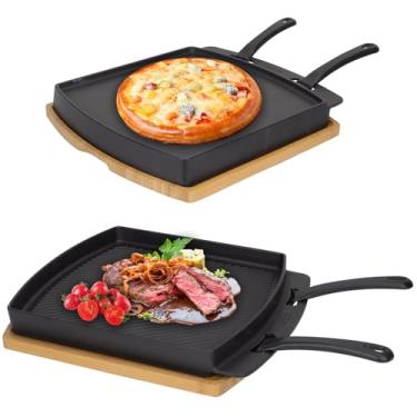 Imagem de Prato de ferro fundido reversível com base de madeira para forno de pizza e acessórios de churrasco, frigideira de ferro fundido para uso externo, pratos de bife para churrasqueira, panela de pizza