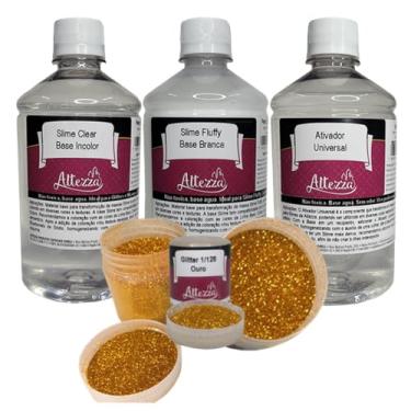 Imagem de Kit Ativador Slime Universal 500ml + Cola Slime Fluffy 500g + Cola Slime Transparente Clear 500g - Altezza - Kit DIY para Slimes Criativos (Kit + Glitter Ouro 28g)