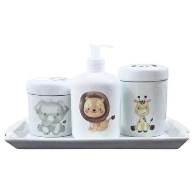 Imagem de Kit higiene bebê Safari 4 peças - Bandeja, potes, porta álcool e molha