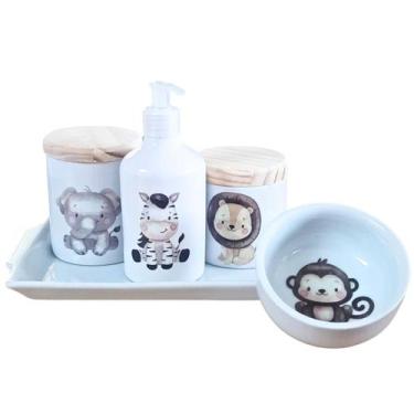 Imagem de Kit higiene bebê Safari 5 pçs - Bandeja, potes, porta álcool, molhadei