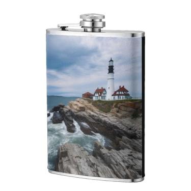 Imagem de Cantil de bolso de aço inoxidável com farol praia céu para homens bebendo casamento, frascos vintage para bar festa pesca bandeira 236 ml