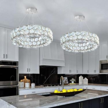 Imagem de dolria Lustres De Cristal Anéis Modernos Pingente Luz Led Regulável Luz De Teto Para Quarto Sala De Jantar Cozinha Prata